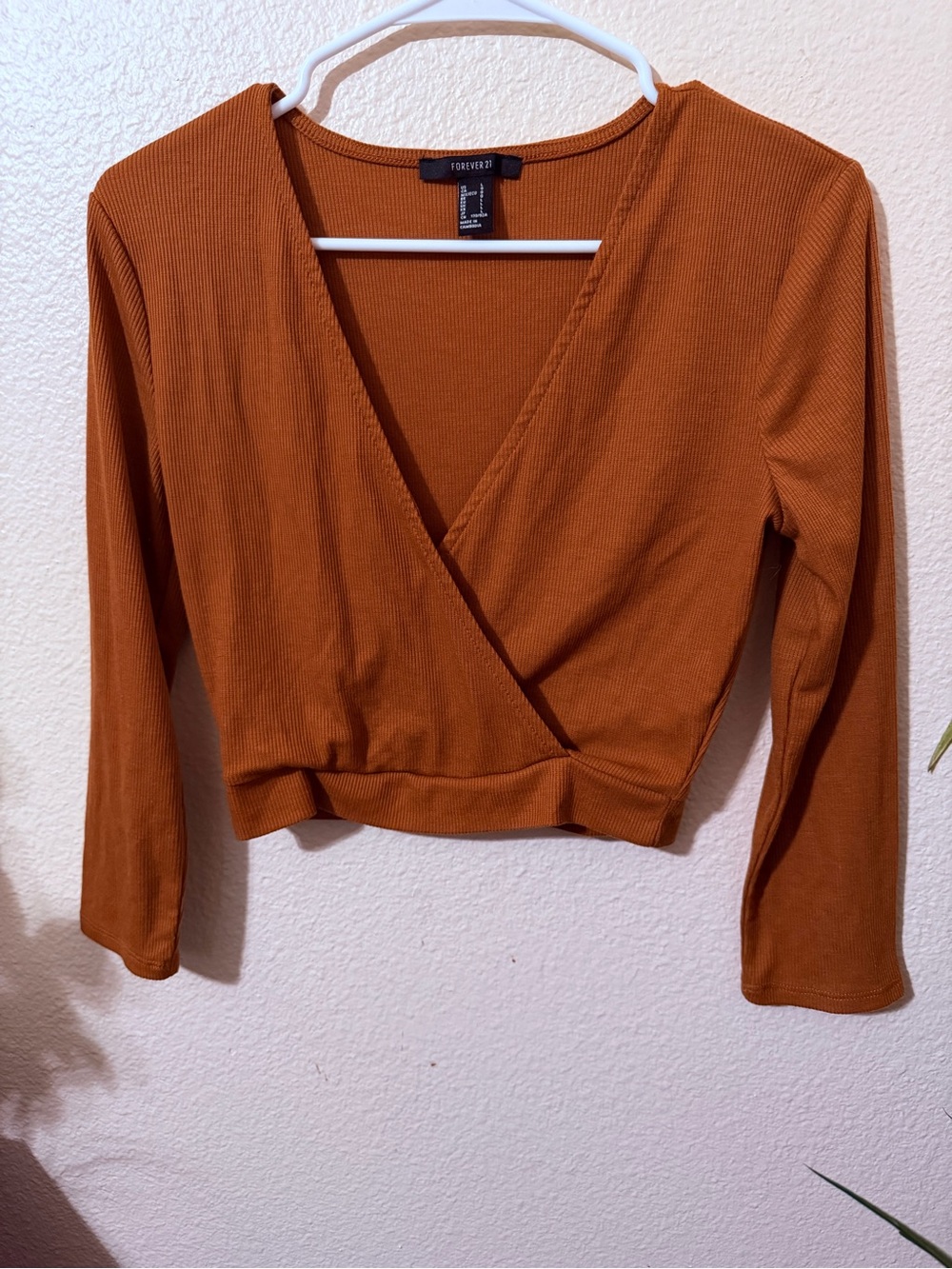 Forever 21 Burnt Orange Ribbed Wrap Crop Long Sleeve Top